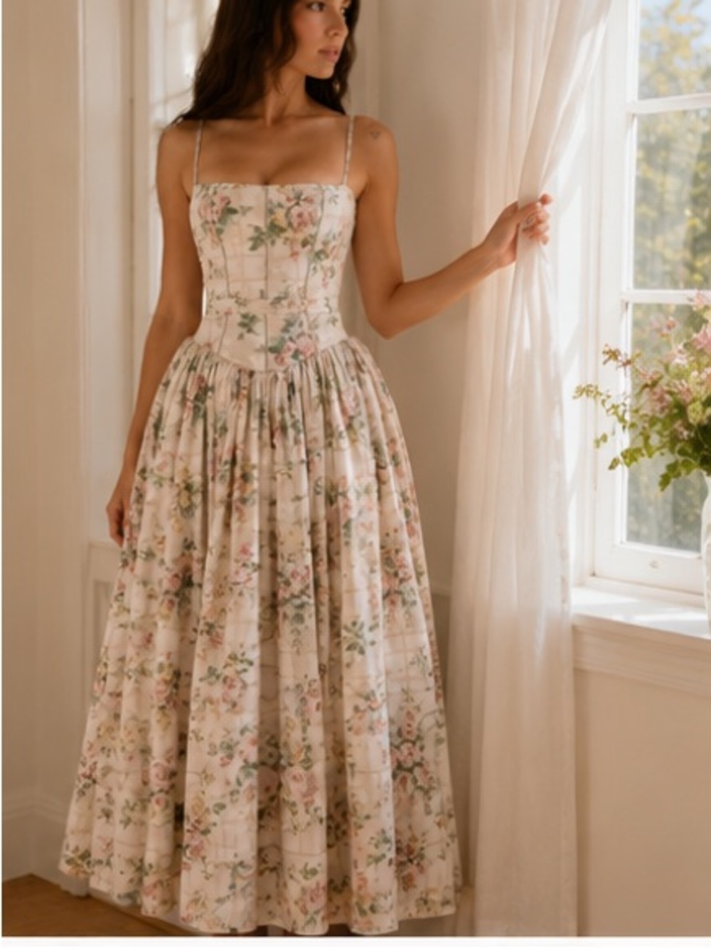 Floral Spaghetti-Strap maxi Dress in Soft Blush